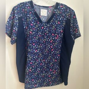 Cherokee Women's Short Sleeve Top - Navy and Pink Geometric Scrub Top